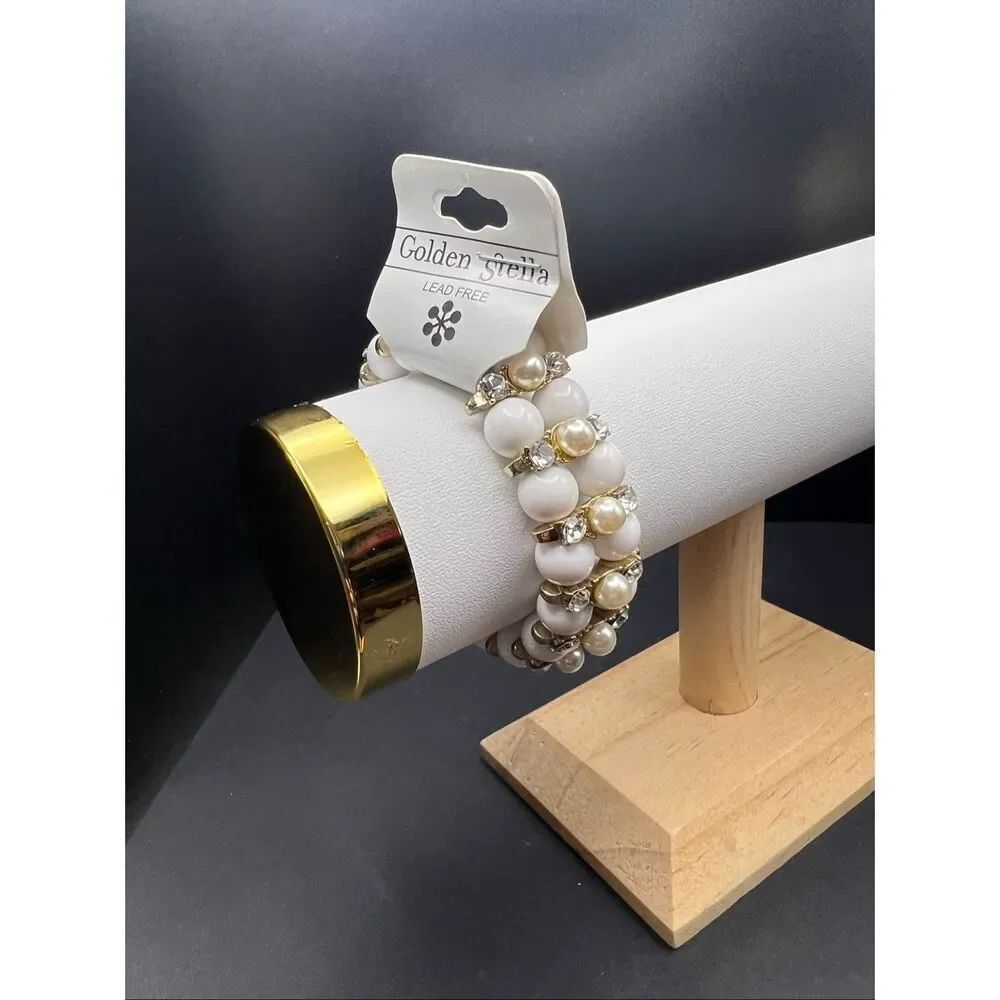 New! Golden Stella White Bead Faux Pearl Rhinestone Stretch Bracelet
